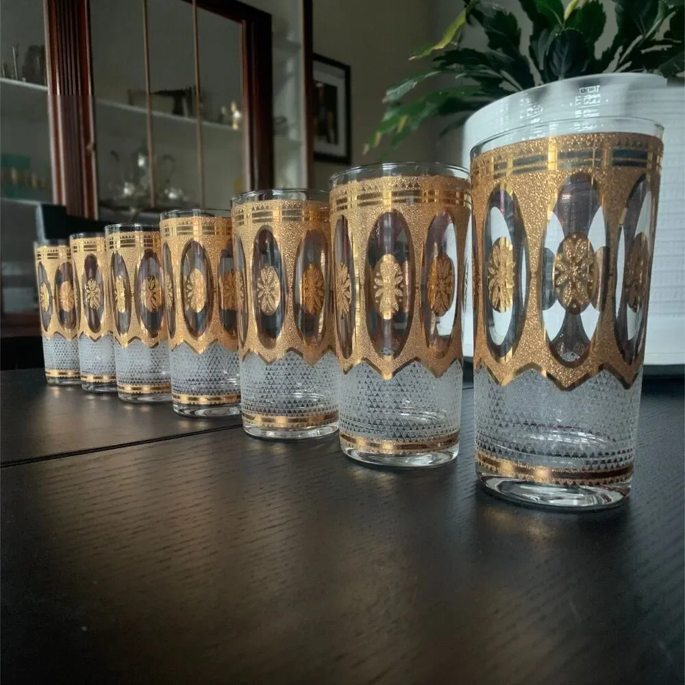 Vintage MCM Culver Regency White 22K Gold Diamond Highball Glasses - Set of 7